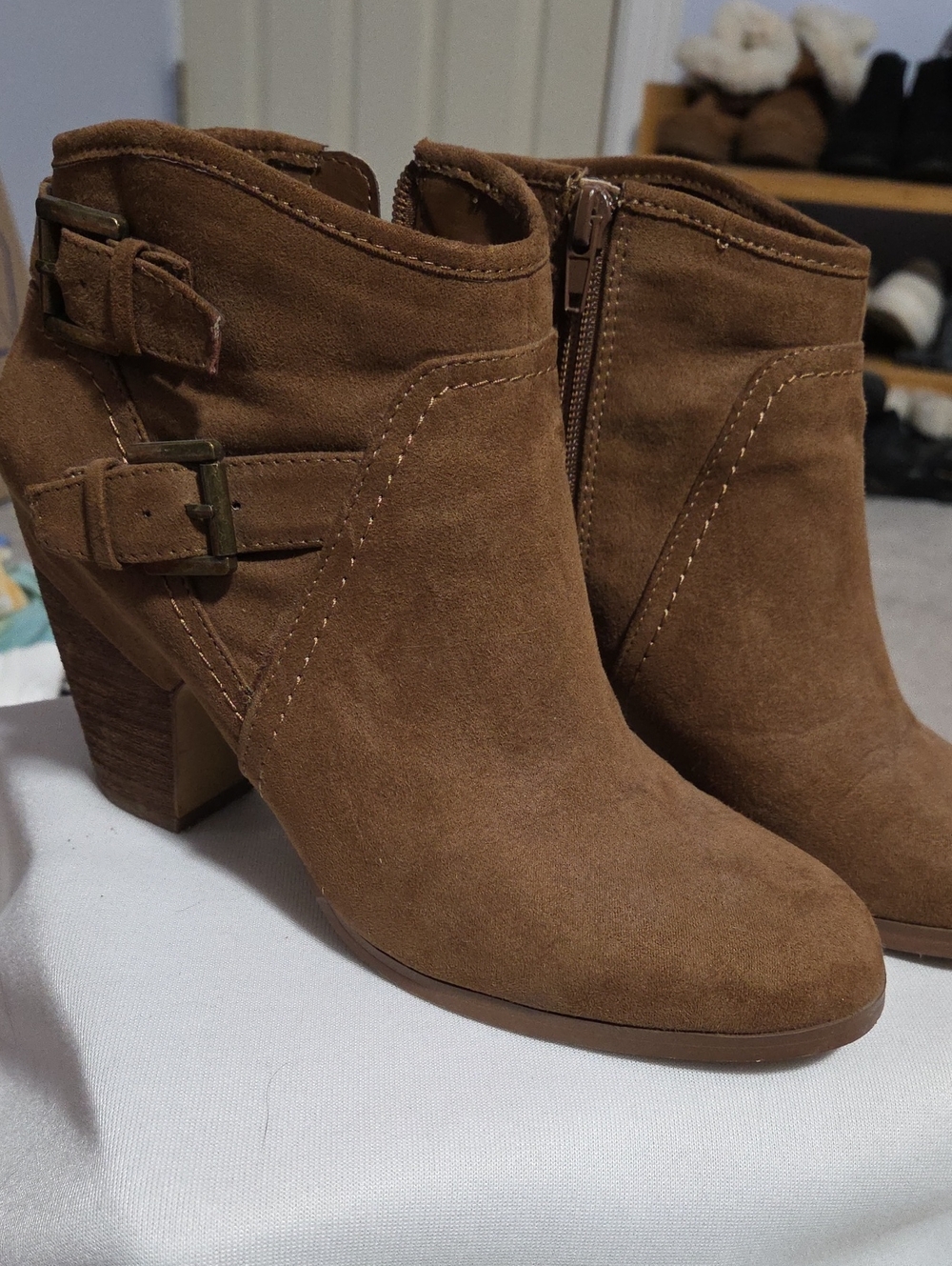 Crown Vintage Tan Suede Ankle Booties with Buckle Straps